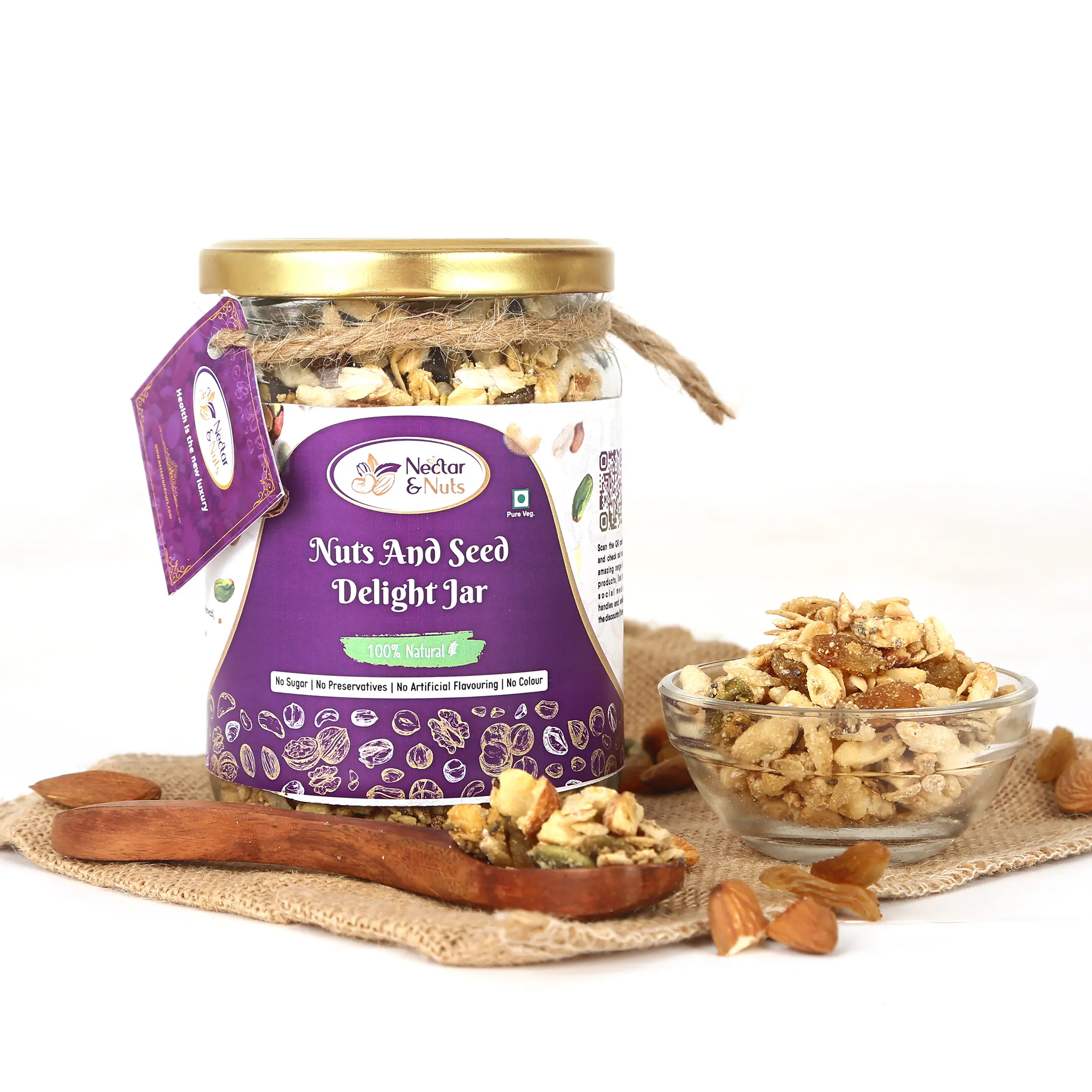 Nuts and Seed Delight jar styled with dry fruits — lifestyle product photography