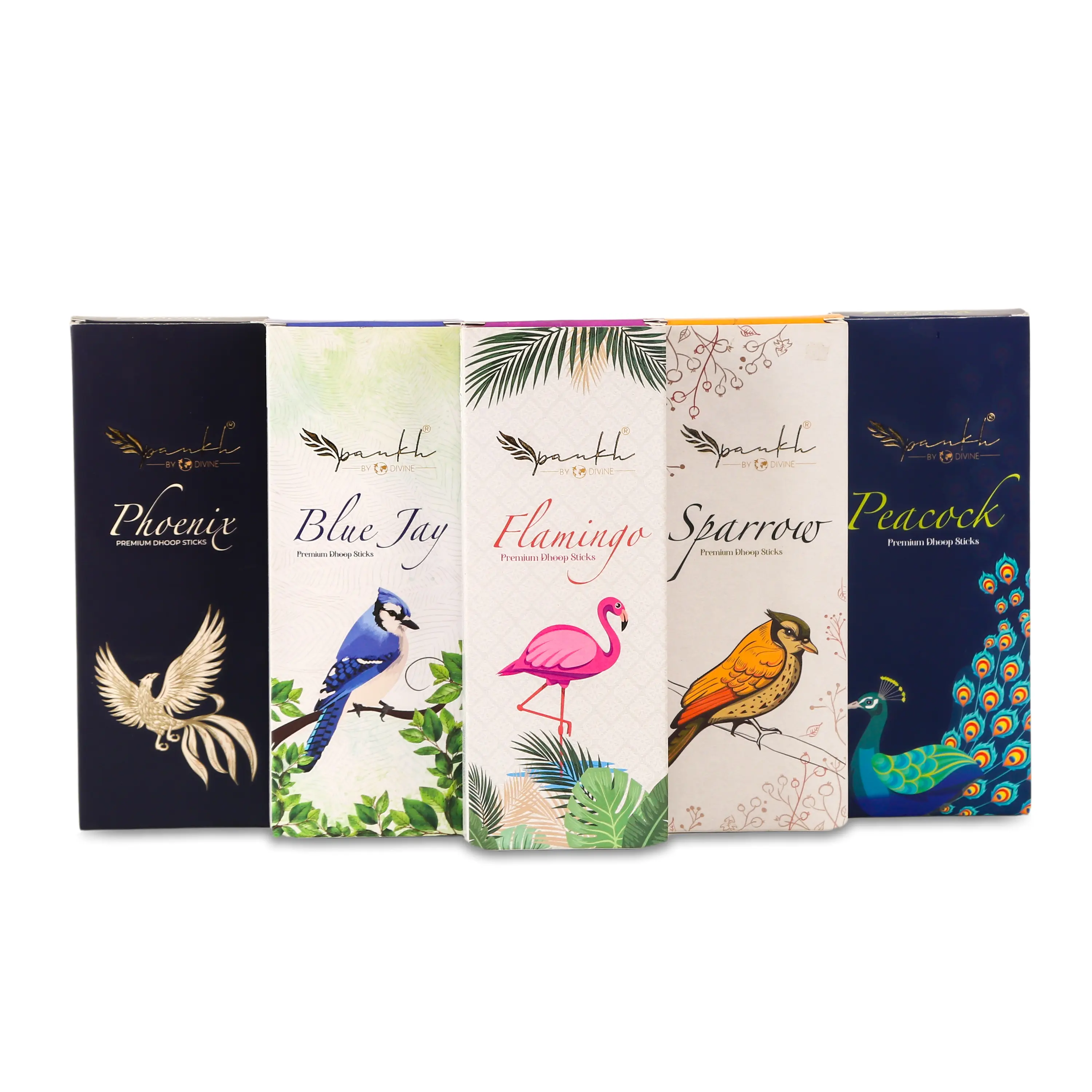 Pankh premium incense stick box range — Phoenix, Blue Jay, Flamingo, Sparrow, Peacock — ecommerce product photography