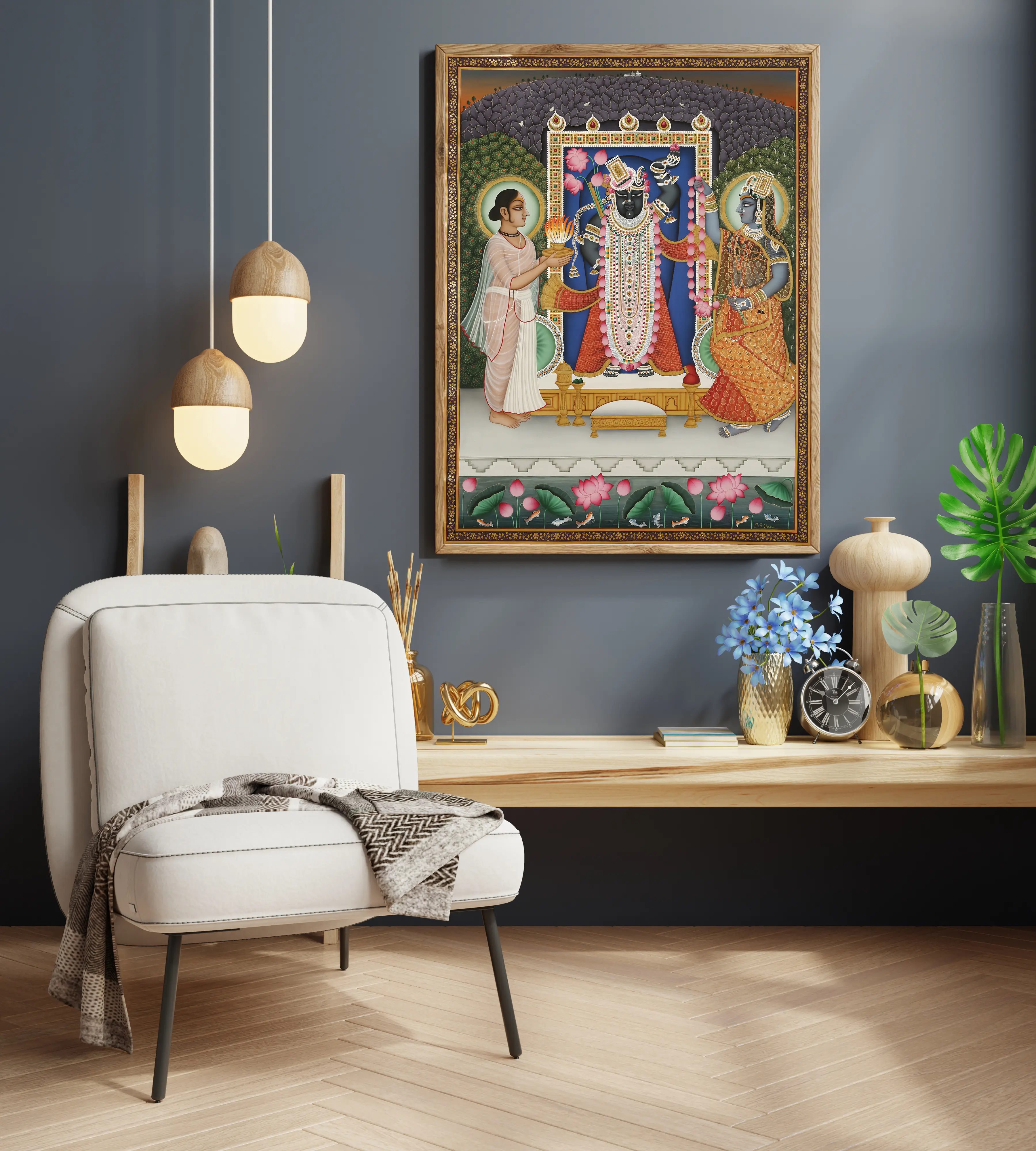  Modern living room interior photography with Pichwai art in Udaipur